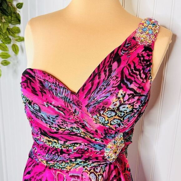 Dreamz by Riva Designs Maxi Gown Sheath Dress One Shoulder Crystal Crazy Animal - Picture 7 of 16